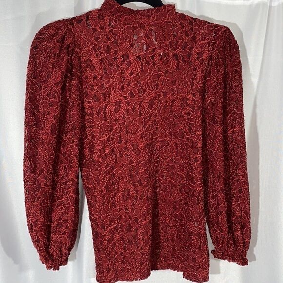 FREE PEOPLE MOCK NECK SHEER LACE BLOUSE WINE - Picture 3 of 8